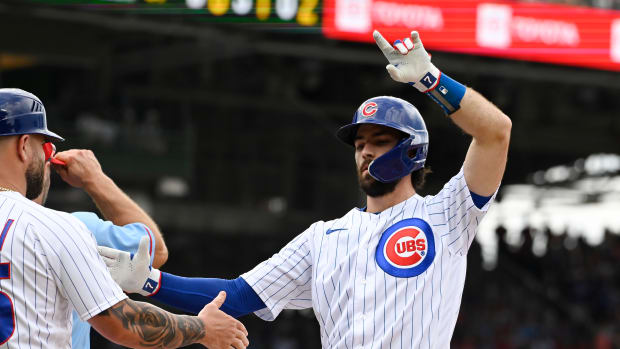 Jul 22, 2023; Chicago, Illinois, USA; Chicago Cubs shortstop Dansby Swanson (7) after he hits an RBI single against the St. Louis Cardinals during the third inning at Wrigley Field. Mandatory Credit: Matt Marton-USA TODAY Sports
